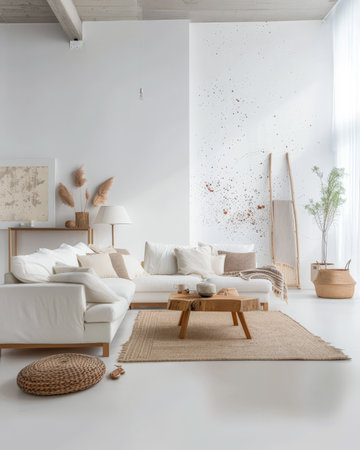 Artist loft living room space with boho elements. Interior design concept composition.の素材
