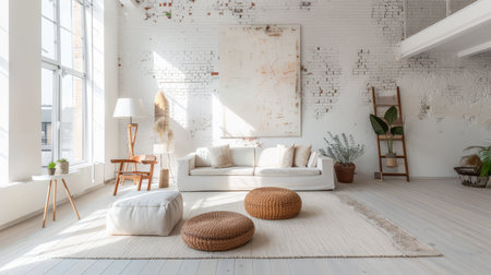Artist loft living room space with boho elements. Interior design concept composition.の素材