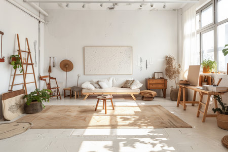 Artist loft living room space with boho elements. Interior design concept composition.の素材