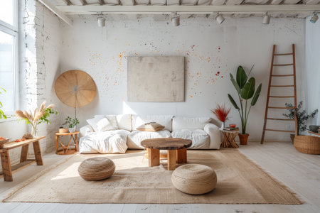 Artist loft living room space with boho elements. Interior design concept composition.の素材