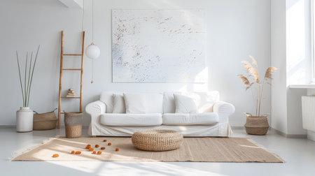 Artist loft living room space with boho elements. Interior design concept composition.の素材