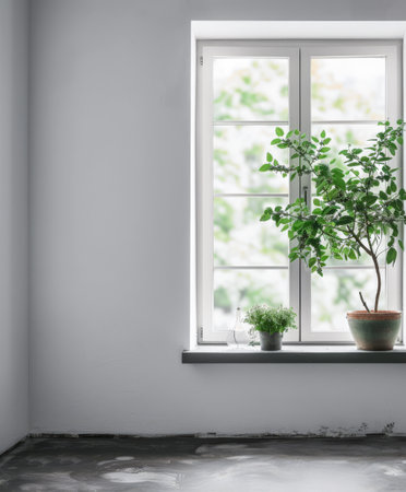 Minimalist interior design composition with natural window light and indoor plants.の素材