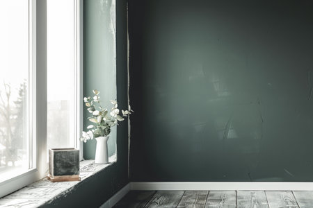 Minimalist interior design composition with natural window light and indoor plants.の素材