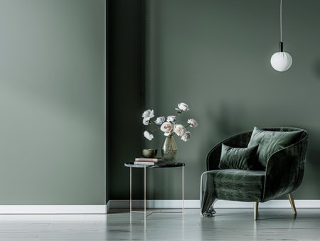 Elegant green accented living room with modern decor.の素材