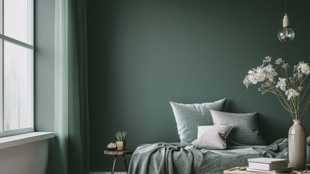 Elegant green accented living room with modern decor.の素材