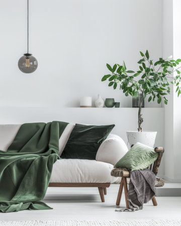 Elegant green accented living room with modern decor.の素材