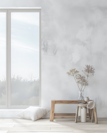 Serene minimalist interiors in neutral tones. Interior design composition with minimal furniture.の素材