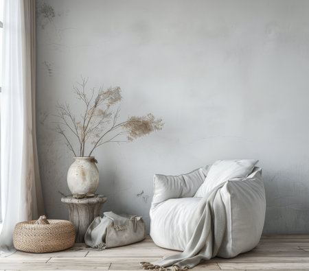 Interior design composition in neutral tones with minimalistic decor and copyspaceの素材