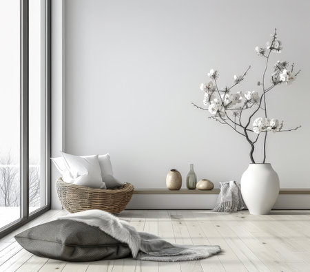 Sophisticated modern interiors with natural wood elements and chic decor.の素材