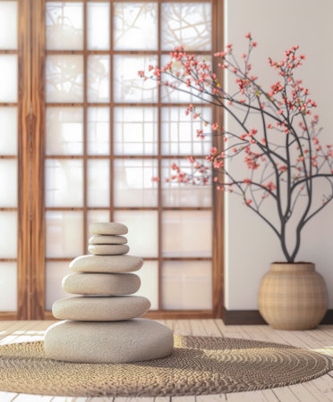 Zen interior design composition with natural elements and lighting creating a relaxing ambiance.の素材