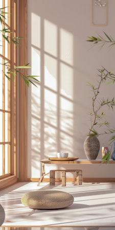 Zen interior design composition with natural elements and lighting creating a relaxing ambiance.の素材