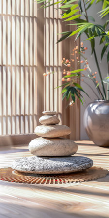 Zen interior design composition with natural elements and lighting creating a relaxing ambiance.の素材
