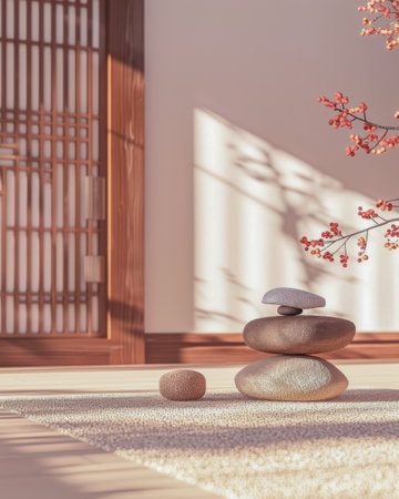 Zen interior design composition with natural elements and lighting creating a relaxing ambiance.の素材