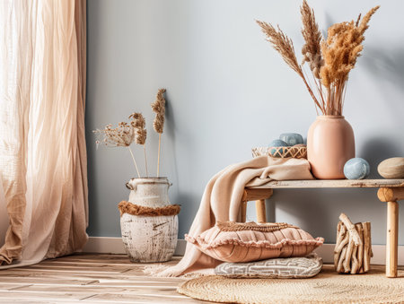 Zen minimalist interiors with natural elements and soft textures.の素材