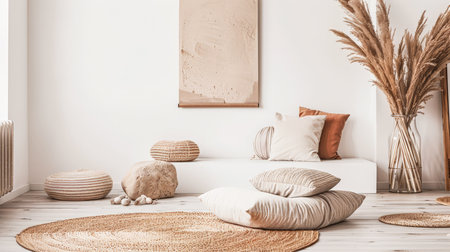 Zen minimalist interiors with natural elements and soft textures.の素材