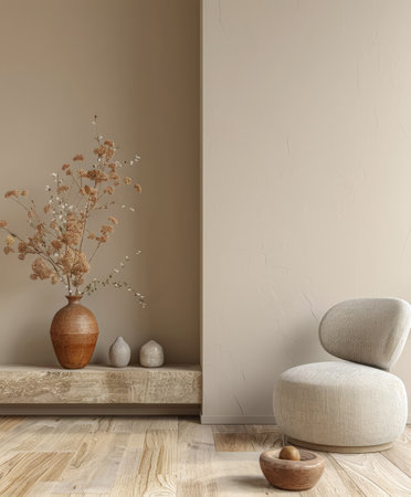 Modern minimalist interiors with neutral tones and natural lighting.の素材