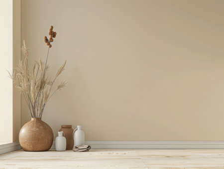 Modern minimalist interiors with neutral tones and natural lighting.の素材