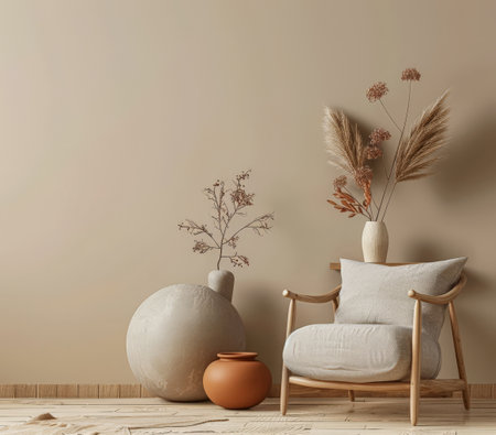 Modern minimalist interiors with neutral tones and natural lighting.の素材