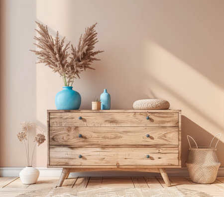 Rustic wooden dresser in an interior design room composition. Minimalistic, chic interiors.の素材