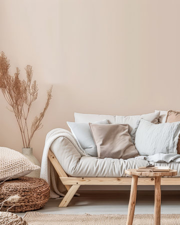 Minimalist home decor composition with a sofa and minimal elements. Interior design composition concept.の素材