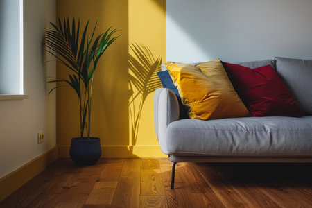 Elegant modern interiors in bold colors bathed with natural window light. Interior design minimalist composition.の素材