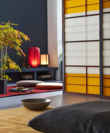 Serene zen interiors composition with minimal furniture and vibrant accents. Modern interior design composition.の素材