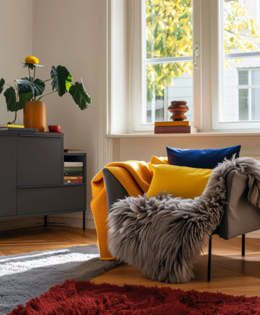 Vibrant chic living room with bold decor and vibrant contrast. Minimalistic interior design luxury composition.の素材