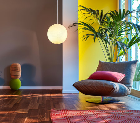 Zen home interiors with natural window light, serene decor an natural elements. Interior design relaxing composition.の素材