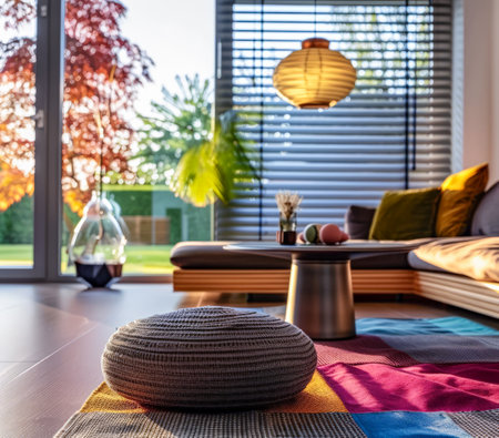 Zen home interiors with natural window light, serene decor an natural elements. Interior design relaxing composition.の素材