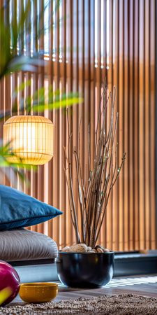 Zen home interiors with natural window light, serene decor an natural elements. Interior design relaxing composition.の素材