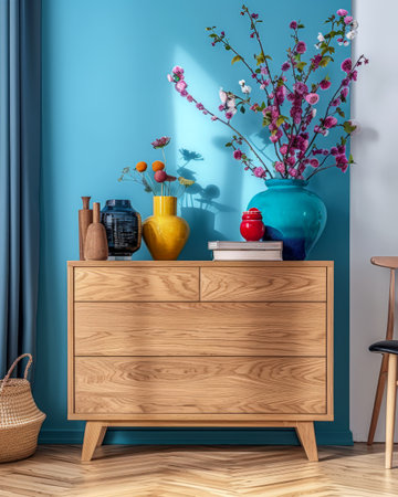 Wooden dresser in vibrant color in an interior design room composition. Minimalistic, chic interiors.の素材