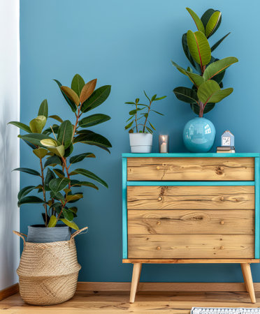 Wooden dresser in vibrant color in an interior design room composition. Minimalistic, chic interiors.の素材