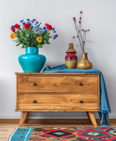 Wooden dresser in vibrant color in an interior design room composition. Minimalistic, chic interiors.の素材