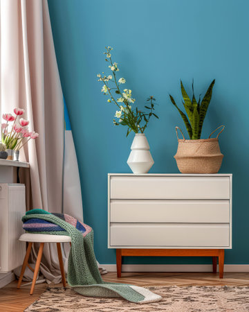 Wooden dresser in vibrant color in an interior design room composition. Minimalistic, chic interiors.の素材