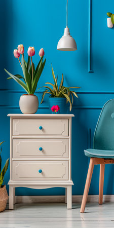 Wooden dresser in vibrant color in an interior design room composition. Minimalistic, chic interiors.の素材
