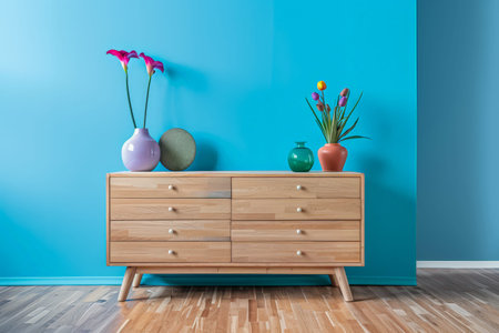 Wooden dresser in vibrant color in an interior design room composition. Minimalistic, chic interiors.の素材