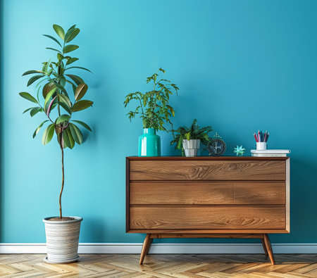 Wooden dresser in vibrant color in an interior design room composition. Minimalistic, chic interiors.の素材