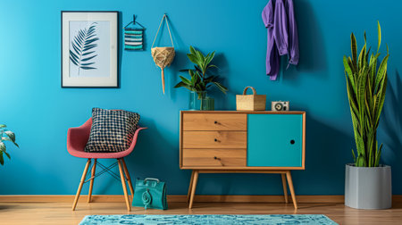 Wooden dresser in vibrant color in an interior design room composition. Minimalistic, chic interiors.の素材