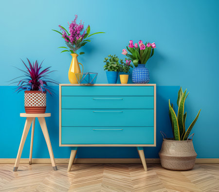 Wooden dresser in vibrant color in an interior design room composition. Minimalistic, chic interiors.の素材
