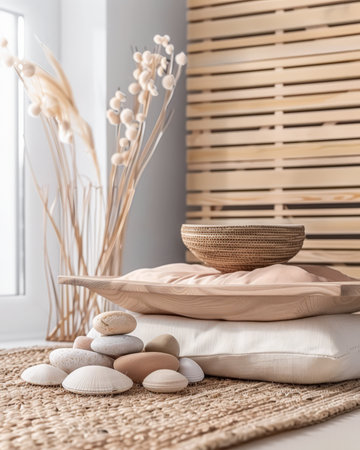 Zen minimalist interiors with natural elements and soft textures.の素材