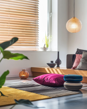 Zen home interiors with natural window light, serene decor an natural elements. Interior design relaxing composition.の素材