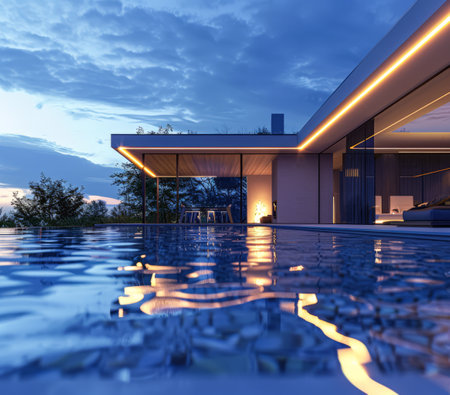 Elegant modern poolside villa. Luxury home with swimming pool in modern style.の素材