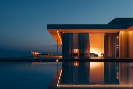 Elegant modern poolside villa. Luxury home with swimming pool in modern style.の素材