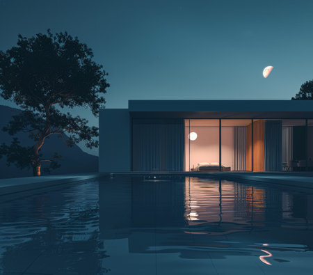 Elegant modern poolside villa. Luxury home with swimming pool in modern style.の素材