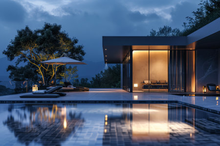 Elegant modern poolside villa. Luxury home with swimming pool in modern style.の素材