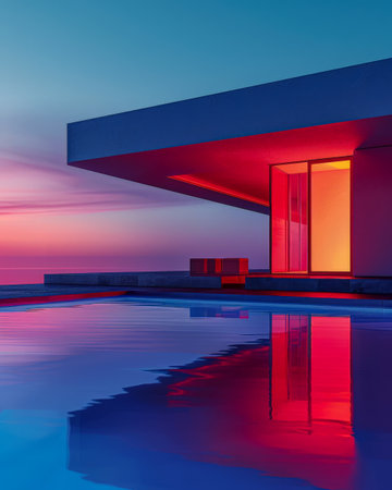 Elegant modern poolside villa. Luxury home with swimming pool in modern style.の素材