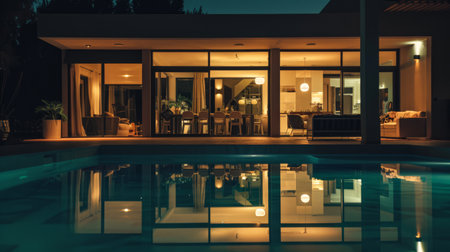 Elegant modern poolside villa. Luxury home with swimming pool in modern style.の素材