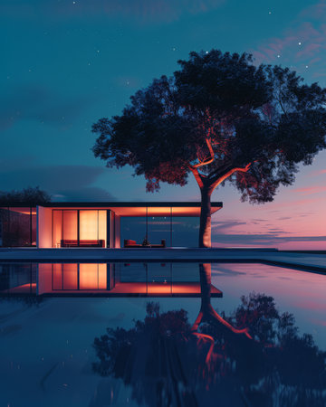 Elegant modern poolside villa. Luxury home with swimming pool in modern style.の素材