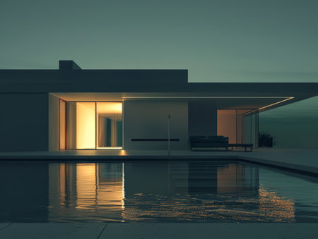 Elegant modern poolside villa. Luxury home with swimming pool in modern style.の素材