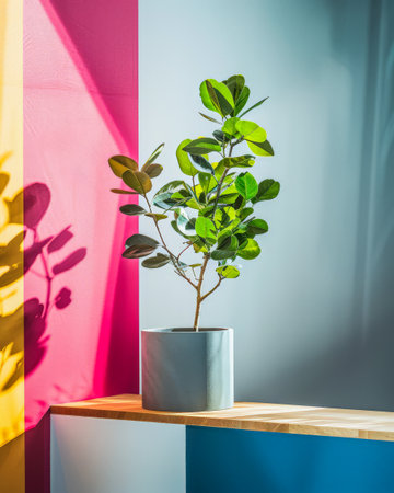 Vibrant minimalist home decor in contrasting colors. Interior design composition with high contrasts and shadows.の素材